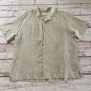 Zara‎ Mens 100% Linen Short-Sleeve Button-Up Shirt Size Large Summer Tan Casual
